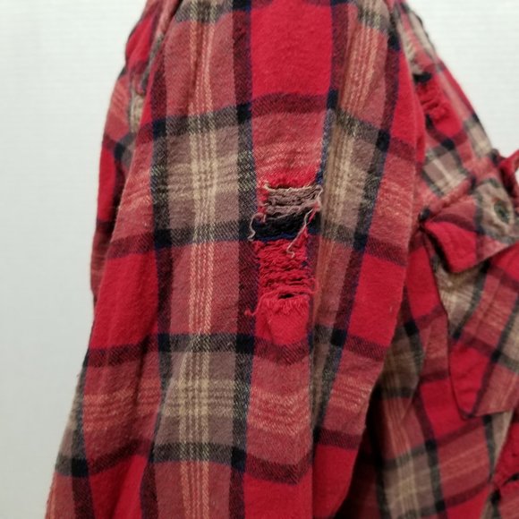 Forever 21 Men shirt Large distressed flannel button up plaid ripped torn grunge - Picture 6 of 15